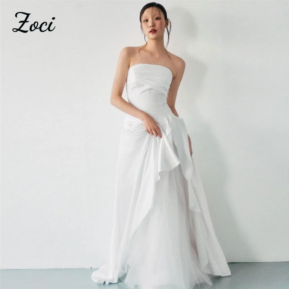 Zoci Elegant Strapless Satin Tulle Korea Wedding Dresses A Line Puffy Ruffles Bride Dress Photos Shoot Customized Wedding Gown