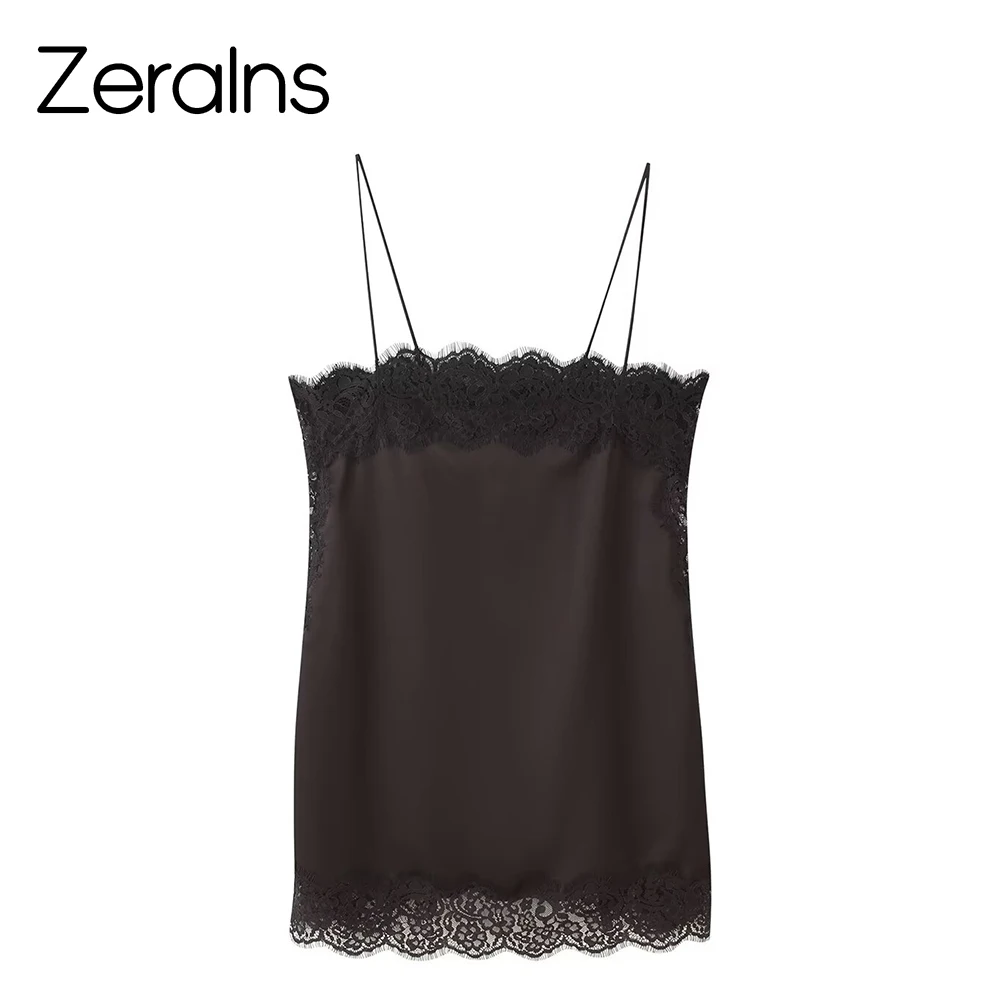 ZERAINS Autumn new women's clothing European and American style silk satin texture lace camisole top half skirt set