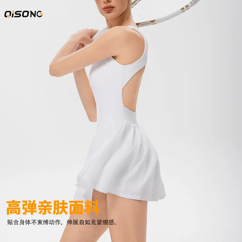 

Backless Tennis Dress Woman with Shorts Black White 2026 Pleated Golf Wear Athletic Dress for Badminton Pickle Ball Workout
