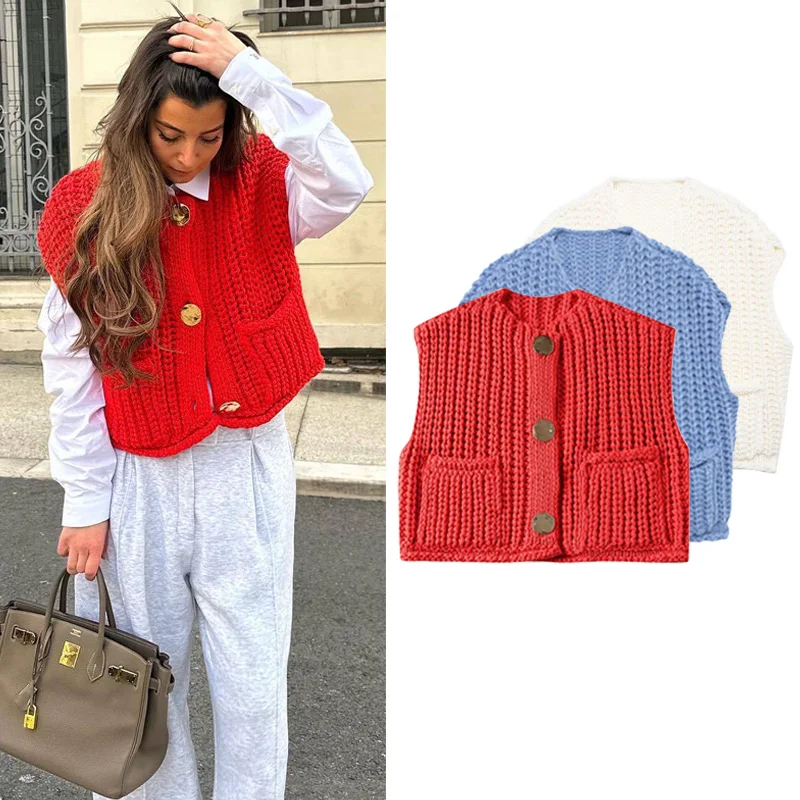 HXAO Vests For Women Short Sweaters Knit Sleeveless Round Neck Cropped Sweaters Tricot Preppy Outerwear Red Blue Beige Vest 2024