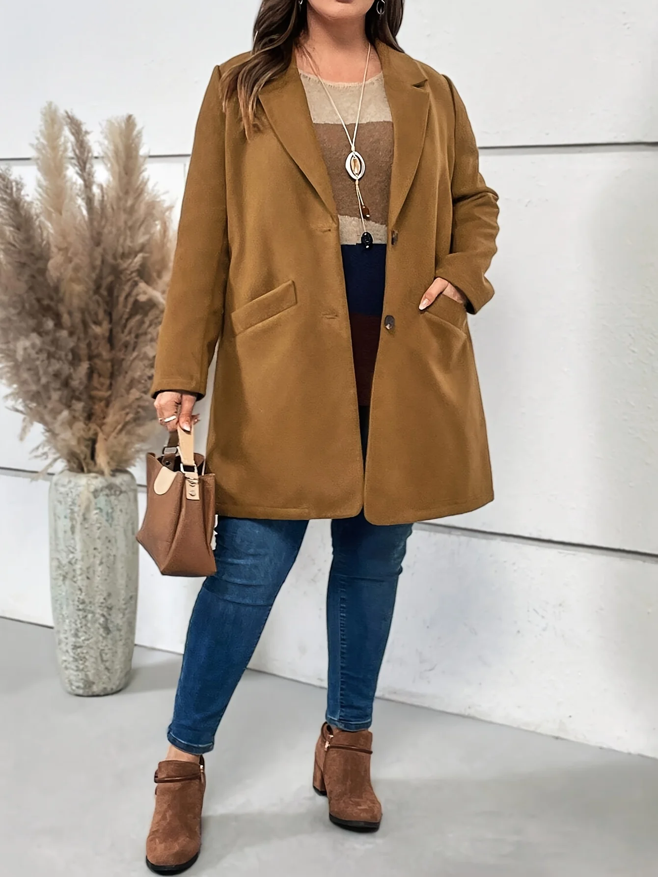 Manteau à col femme marron clair élégant grande taille