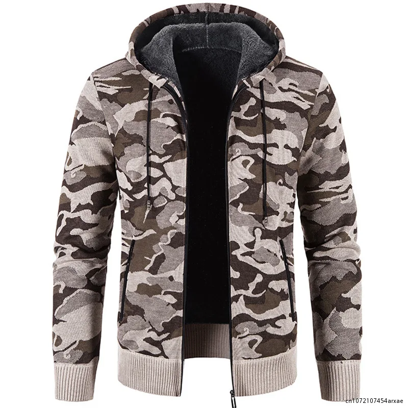 Suéter de camuflaje de lana para hombre, cárdigan con capucha, Chaqueta de punto ajustada, prendas de vestir cálidas, Invierno