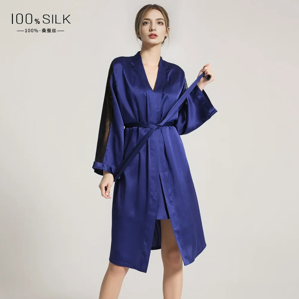 100% Mulberry Silk Morning Gown Sexy Bathrobes for Women Shower Sheer Lace V Neck Robe Lingerie Midi Nightgown Chemise Robes PJ