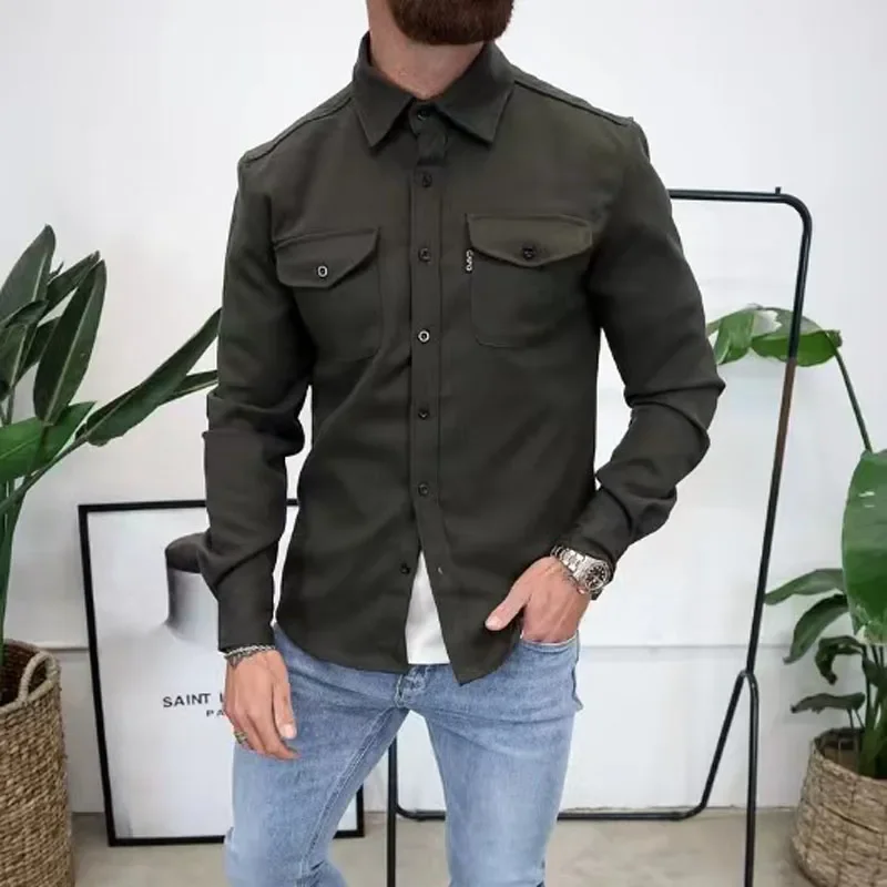 New Autumn Winter Men Long Sleeve Lapel Outerwear Coats Man Single-Breasted Solid Color Pocket Coats Men\'s Casual Shirt Jackets