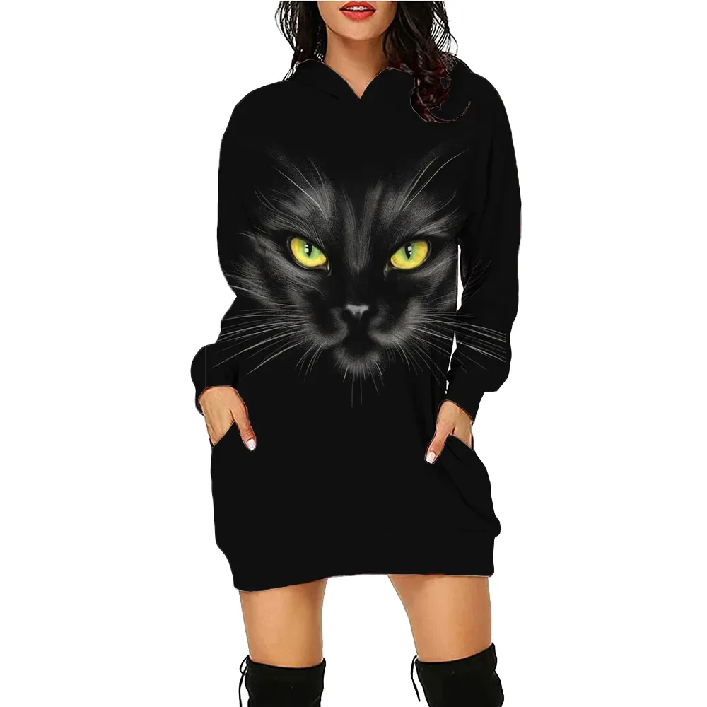 Cute Cats Printed Hoodie Dress Women's Top Workout Pet Sweatshirt Long Sleeve Pullover Autumn Winter Loose Tee Traf Vestidos