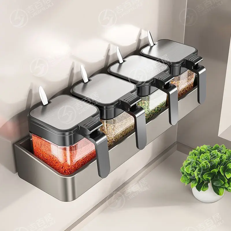 

Wall Mounted Kitchen Seasoning Storage Rack Home Use Free Punching Condiment Box Can Seasoning Organizer for Culinary Tools