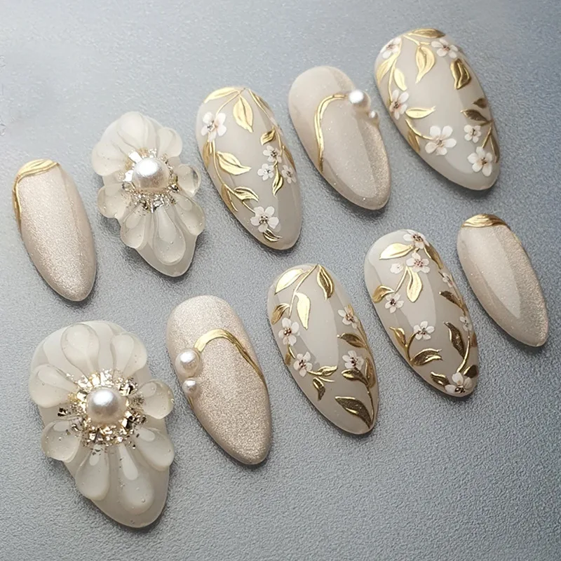 

24PCS Simple White Cat Eye 3D Flowers Almond Press on Nails Golden Patterns French with Pearl Decor Fake Nails High-quality Nail