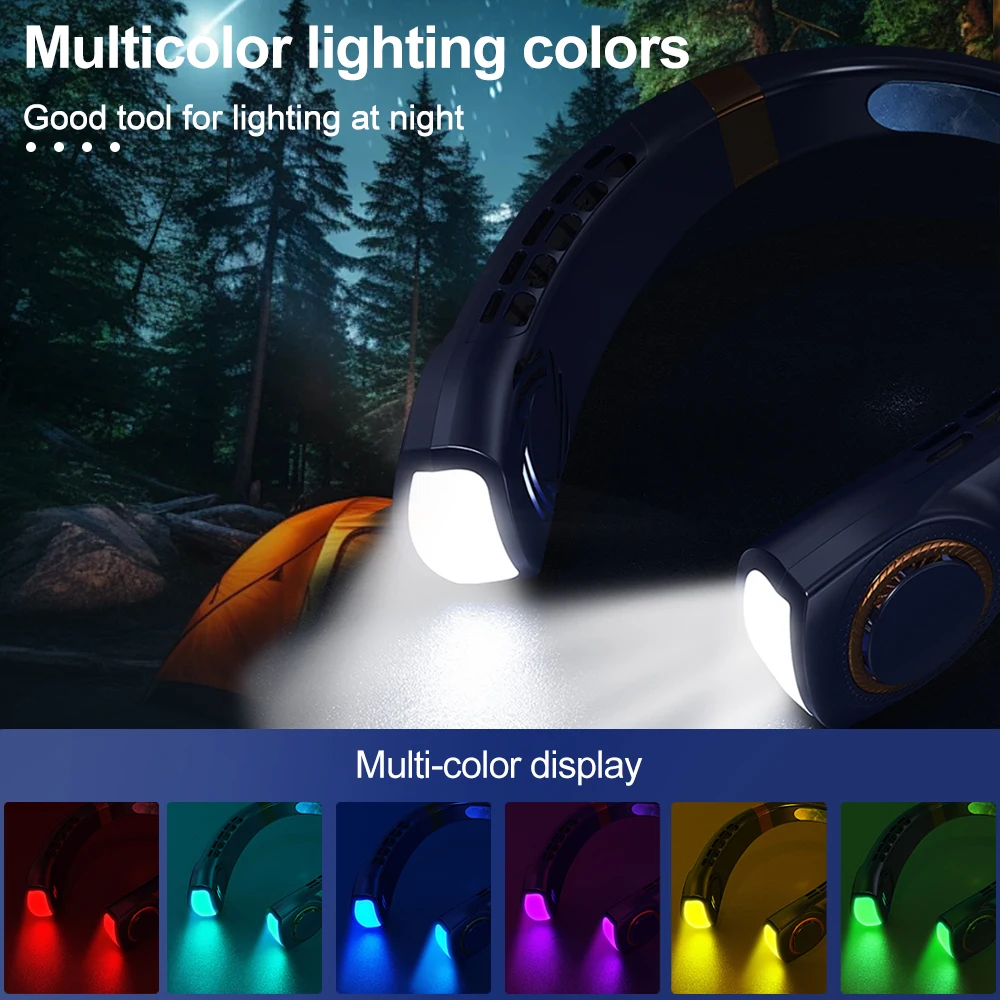 Hanging Neck Lights with Fan Colorful Atmosphere Lights 5th Gear USB Handheld Mute LED Digital Display Travel Camping Fan