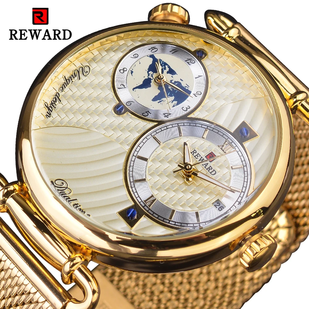 REWARD Gold Watches Men Multiple Time Zone Display Quartz Wristwatch Business Clock Man Luxury Watch