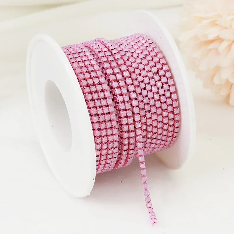 SS6 2mm 1 yard Pink /Green/Blue Opal Glass Rhinestone Cup Chain Glitter Crystal Rhinestone Trim For DIY Wedding Dress Decoration