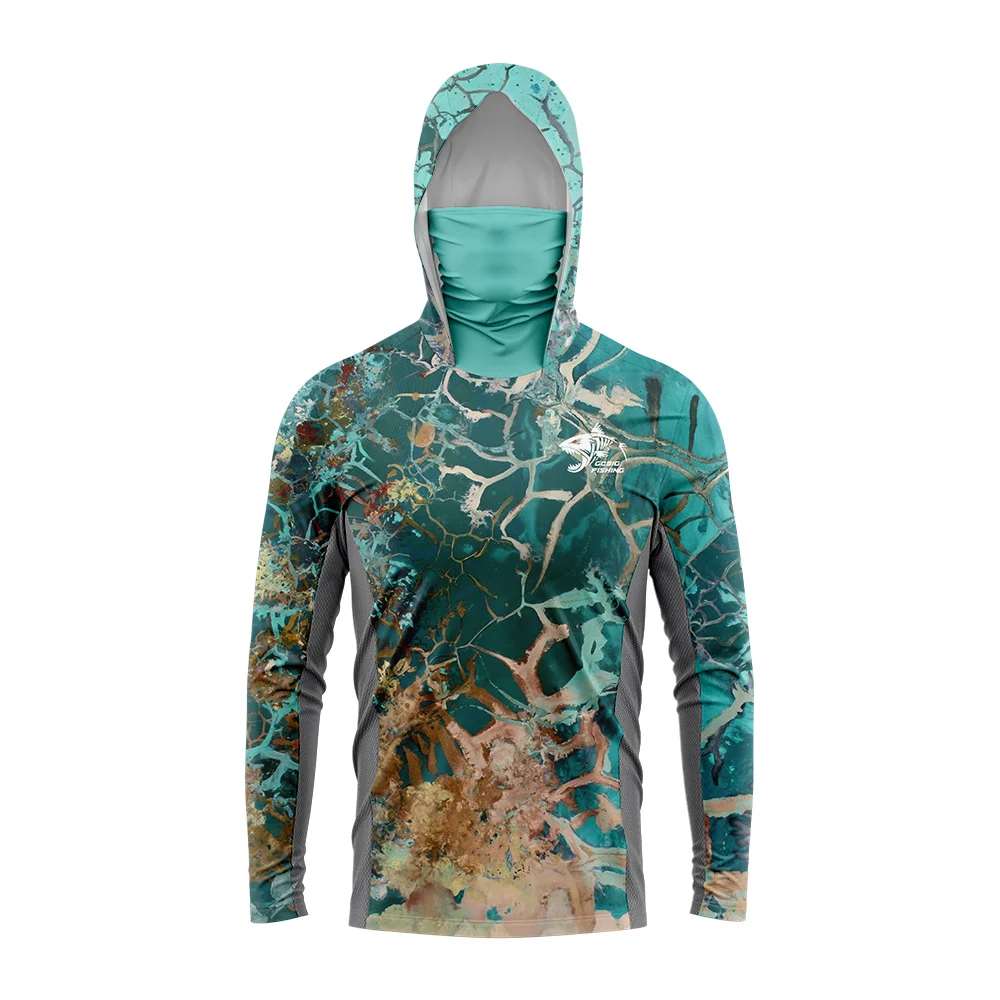Gradient Green‑Yellow Skeleton Fish Men Fishing Hooded Shirt Built‑in Face Cover  Sun Protection Quick‑Dry Long Sleeve Tops view 2