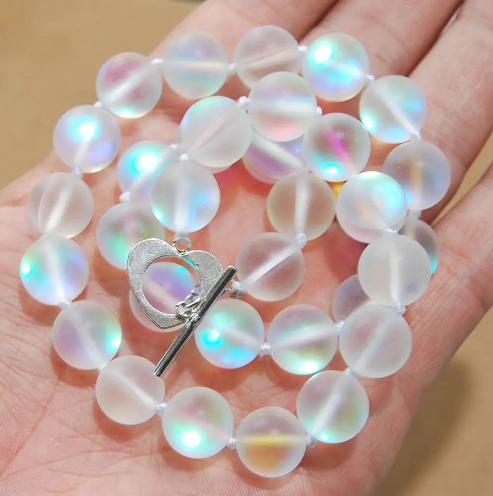 

8/10/12mm Natural White Gleamy Rainbow Moonstone Round Gems Bead Necklace 18"AAA