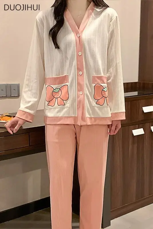 DUOJIHUI Autumn Two Piece Loose Casual Home Pajamas for Women V-neck Sweet Cardigan Basic Simple Pant Fashion Female Sleepwear