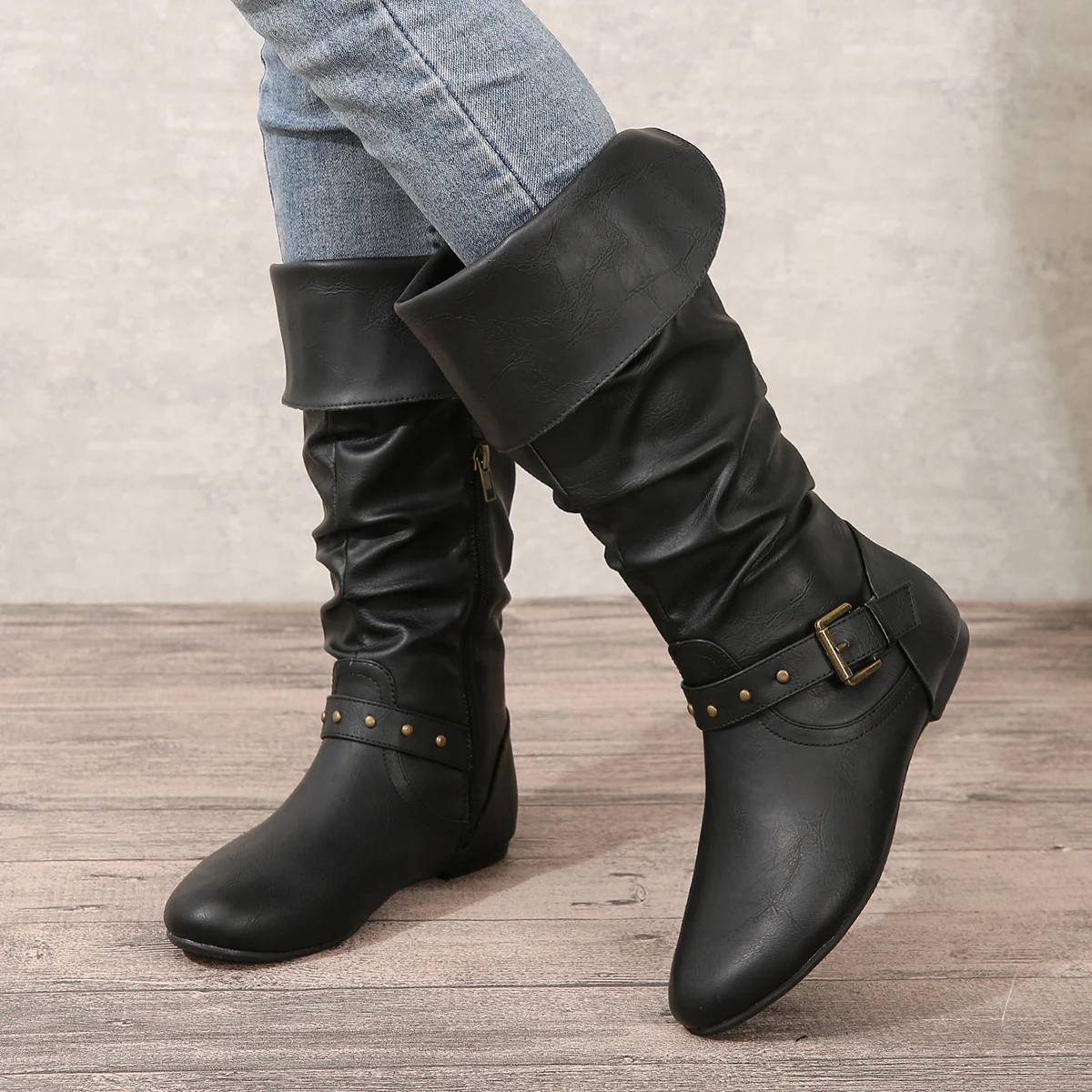 Vintage Female Knight Leather Boots European American Western Cowboy Style with Autumn Winter Cuff Belt Buckles Round Toe view 6