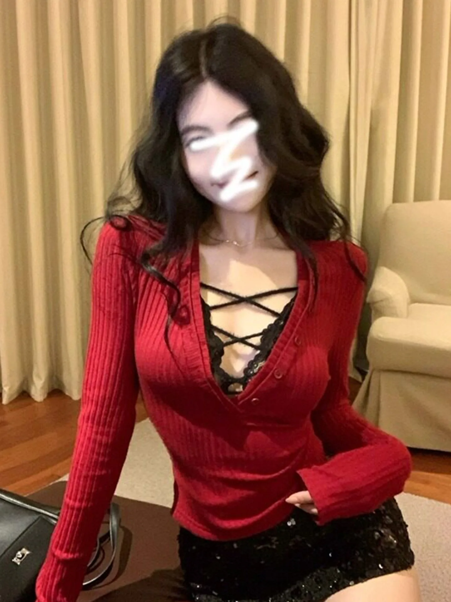 

plus Size Sexy Korean Style V-Neck Knitwear Women's Slimming Pullover Top for Commuting And Daily Wear Soft Comfortable Long ...
