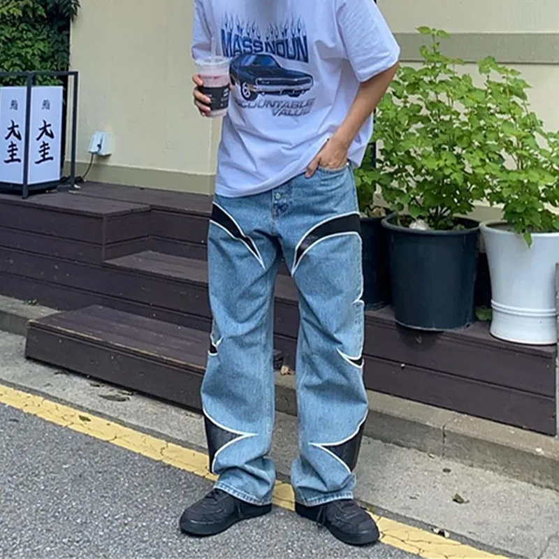 2026 Kanye Y2K PU-Leder Bestickte Baggy Stacked Jeans Hosen für Herren Kleidung Streetwear Damen Denim Hosen Pantalon Homme – Detail 7