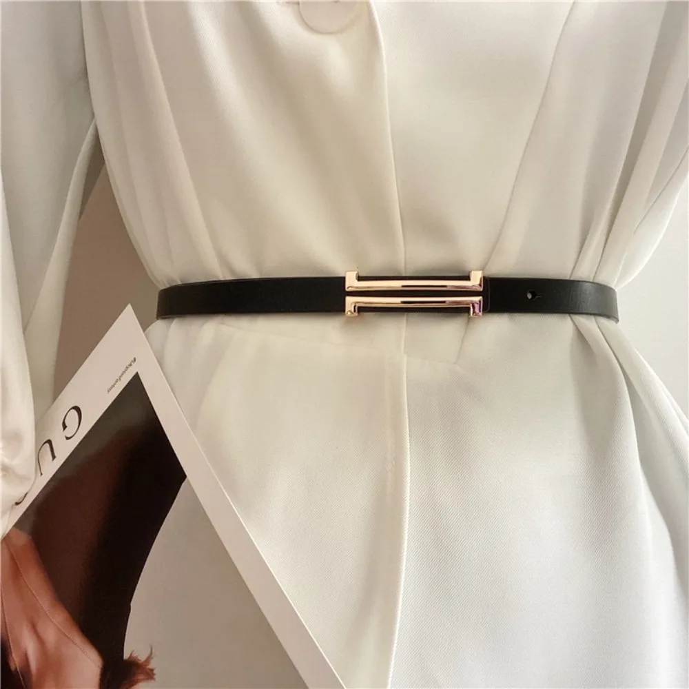 Retro Adjustable Waist Belt Pu Leather Alloy Buckle Skinny Waist Straps Thin Dress Coat Decorative Waistband Women