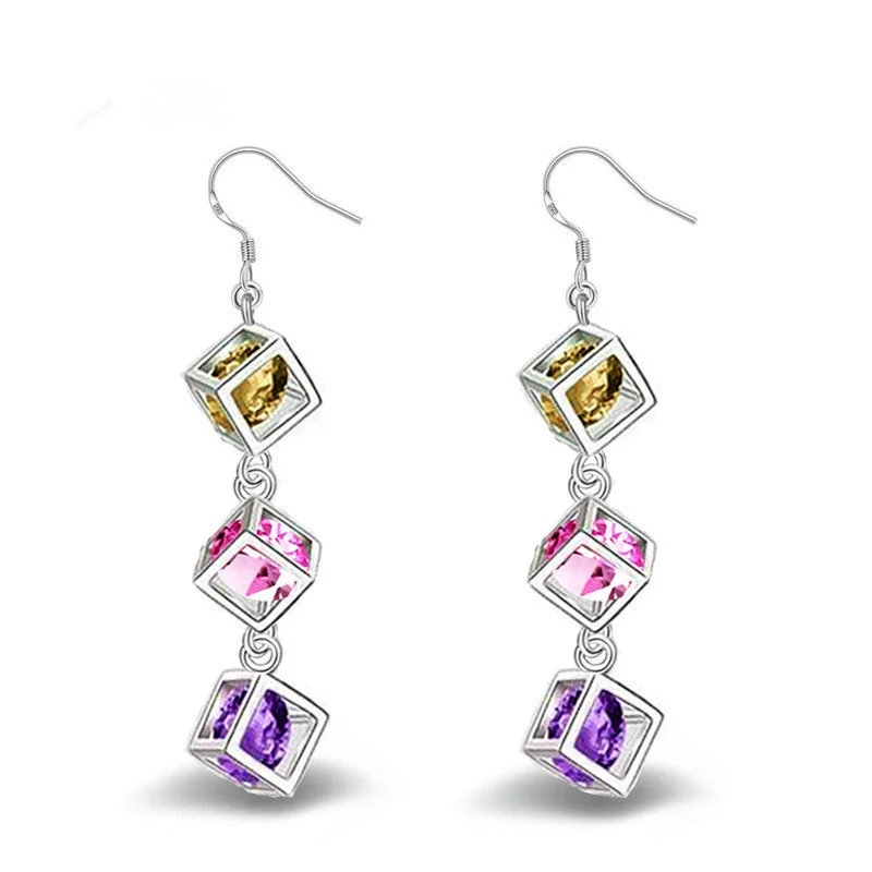 Elegant Fashion Geometric Cubes Dangle Multicolor Zircon Ear Hook Earrings for Women Valentines Day Gift Jewelry Pendiente Mujer