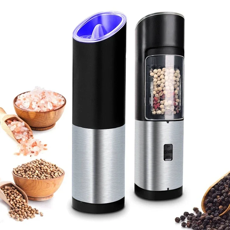 Electric Pepper and Sea Salt Grinder With Light Switch Button Adjustable Coarseness Stainless Steel Kitchen Spice Mill Grinder