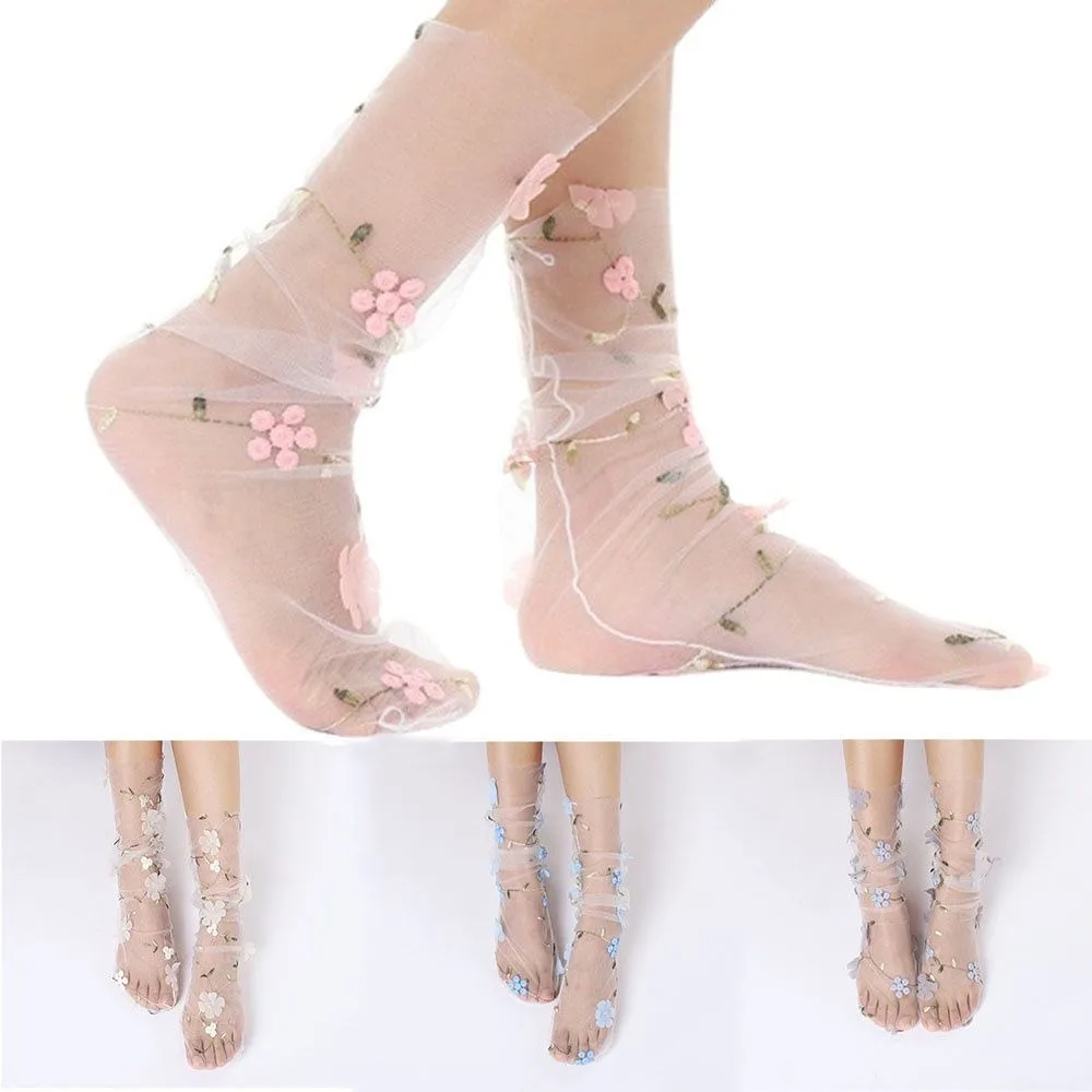 Sexy Flower Lace Socks Breathable Ultra-Thin Mesh Tulle Socks Transparent Long Socks Female