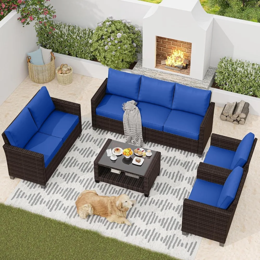 

5-Piece Outdoor Patio Furniture Set，7 Seat PE Rattan Patio Furniture Sets, Patio Conversation Sets with Water-Repellent Cushions