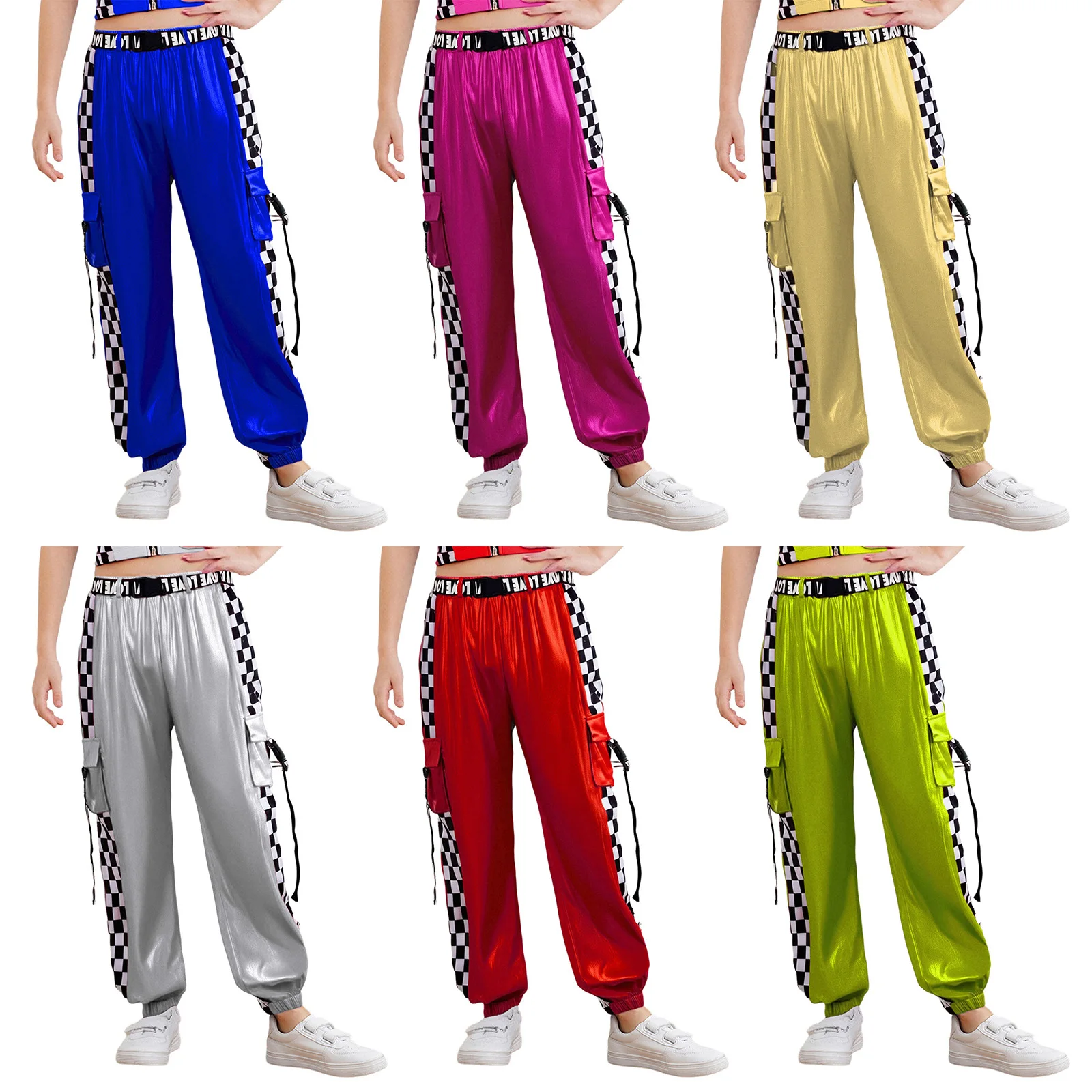 Kids Girls Hip Hop Street Dance Trousers Checkered Costume Metallic Gloss Pants with Belt for Stage Performance Dance Classes