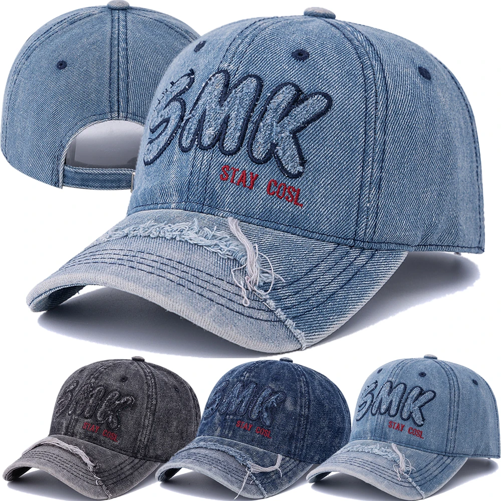 Hot Sale Unisex Washed Cotton Raw Hem Baseball Cap Distressed Hat SMK Letter Embroidery Outdoor Sports Dad Hat For Men And Women