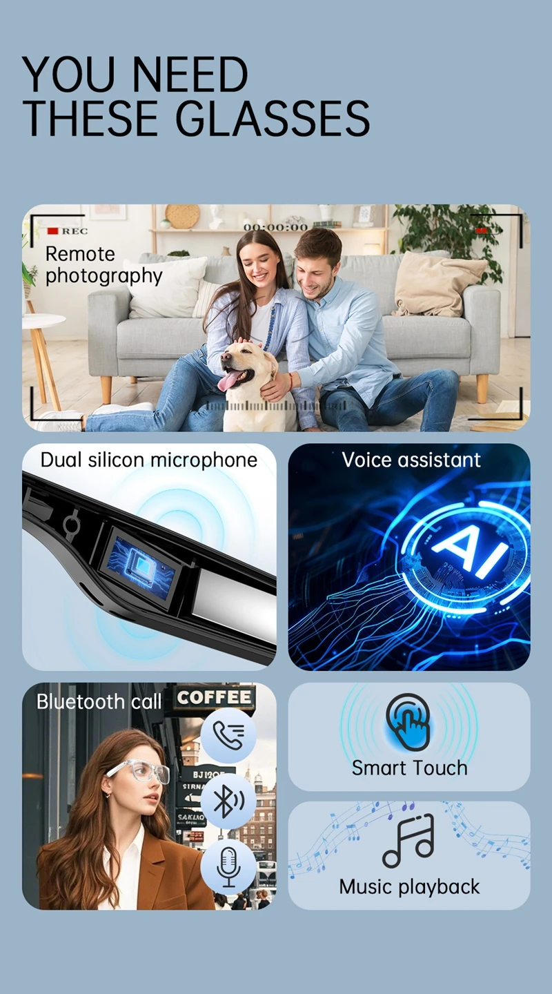 2026 New AI Smart Glasses AI Translation Hands-Free Calling AI Chat Logging Music Playback Smart Sunglasses for Men