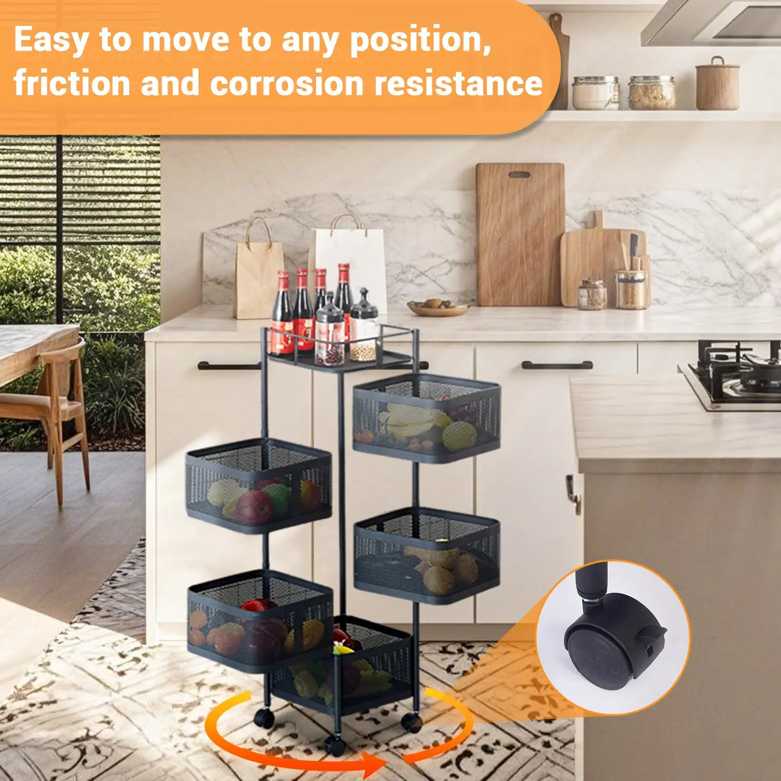 5-Tier Rotating Metal Kitchen Storage Trolley – Mesh Baskets, Lockable Wheels, Space-Saving Rolling Organizer for Fruits, Vegetables, Pantry, Bathroom, Laundry – White