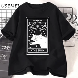 Tarot The Sun T-Shirt Women Causal Witchy Black Cat Mom T Shirts Summer Cotton Cat Lovers Tee Casual Short Sleeve Woman Clothing