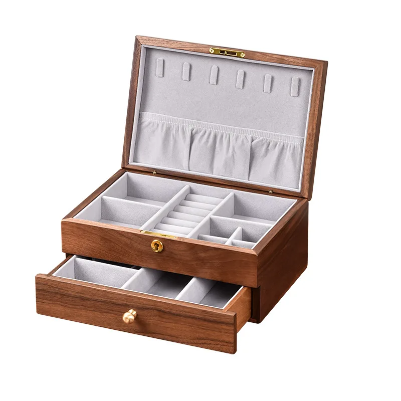 three-gold jewelry box, high-end light luxury double-layer jewelry with lock, jewelry storage box, large-capacity wood 5