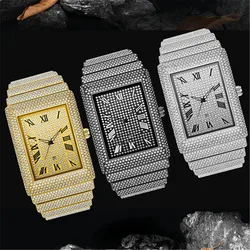 1pc / lot Men Luxury Designer Watches Hip Hop Diamond Casual Alloy Rectangular Date Quartz Wrist Watch Golden Relogio Masculino