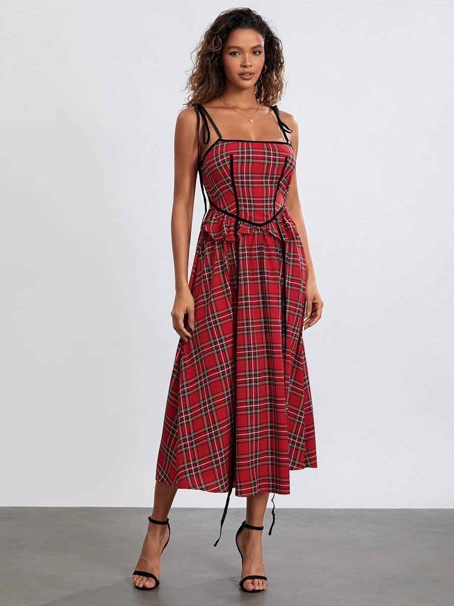 Women Summer Midi Cami Dress Red Sleeveless Backless Spaghetti Strap Plaid Party Dress