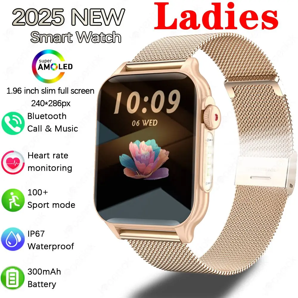 

New Smartwatch Women 1.96-Inch ultra-thin Screen LED Flashlight Wireless Call Health Check IP67 Life Waterproof Smart Watch 2025