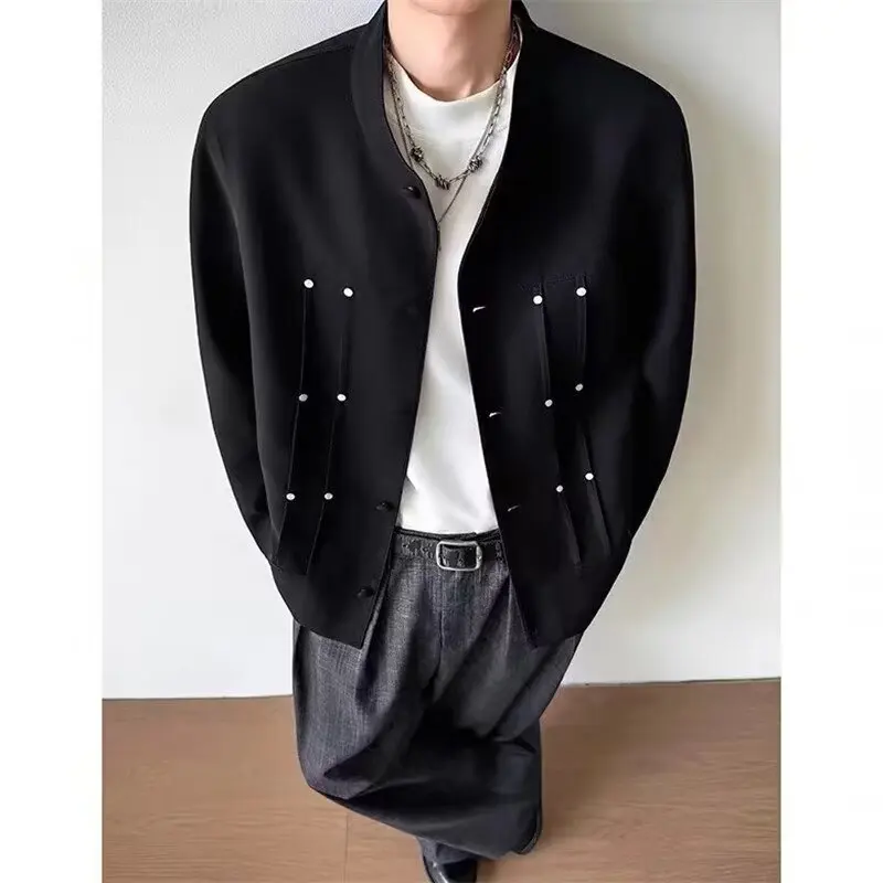 

New Chinese Sle Stand Collar Jaet Men's Spring Faion ort Folded Design Tu Pleated Suit Top Casual Loose Fit Polyester