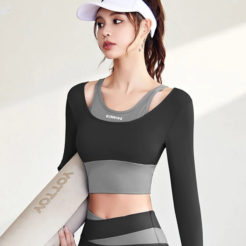 Women Sports Shirt Fake Two Pieces Contrast Crop Tops Tights Gym Top Yoga Shirts Sportswear Fitness Running Training Tank Top