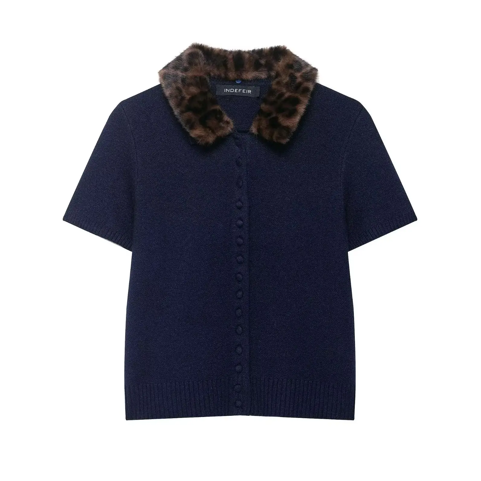 KONDALA Chic Casual 2025 Knit Women Vintage Sweaters Autumn Elegant Short Sleeve Top Streetwear Leopard Fur Collar Mujer Outwear