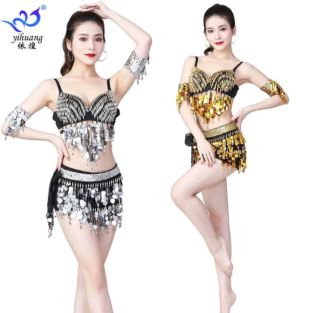 Girls Dance Dress New Sexy Belly Dance Bar Performance Costume Deep V-Waist Shining Bra Waist Scarf Set Of Four Practice Dress