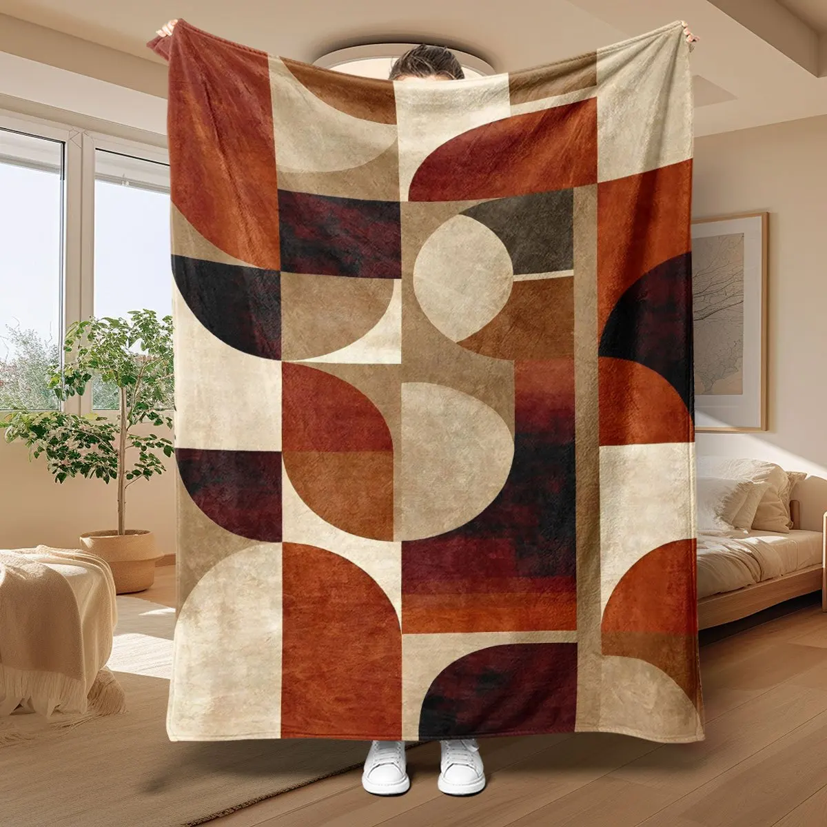 Mid Century Throw Blanket Boho Semicircle Terracotta Abstract Art Print Soft Flannel Kids Room Sofa Lap Modern Theme Decor Gift