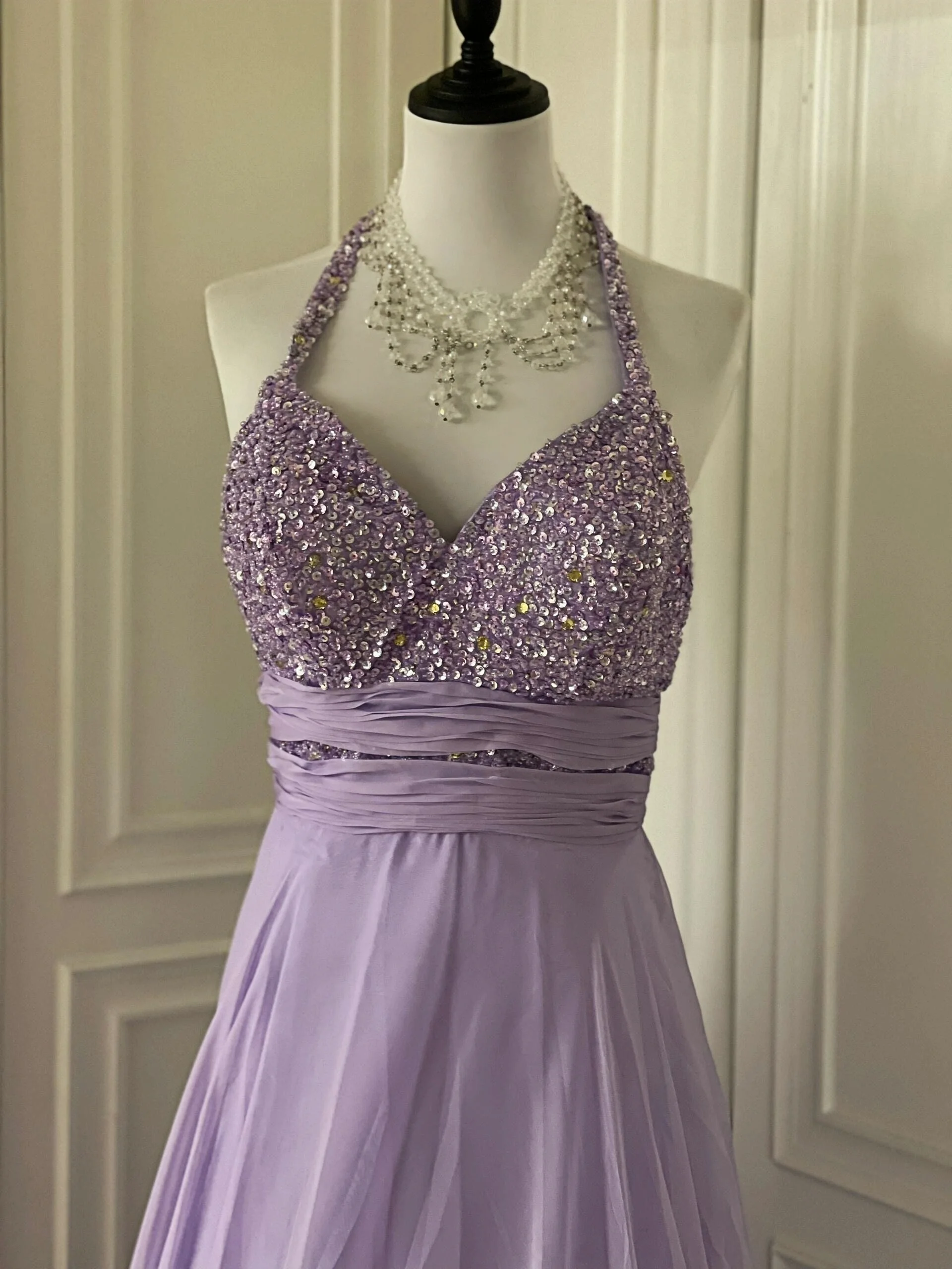 

Purple Spaghetti Strap Evening Gown Chiffon Tulle Sweetheart Neck Beaded Pleated A-Line Shape Special Occasion Party Prom Gown