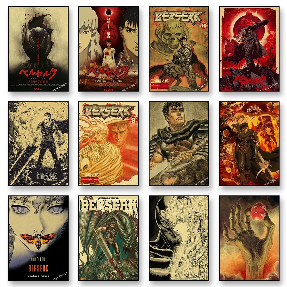 Berserk-Póster impreso artístico de pared en lienzo de Anime, pintura decorativa de estilo Vintage, decoración moderna para la habitación del hogar, regalo para amantes de Anime sin marco