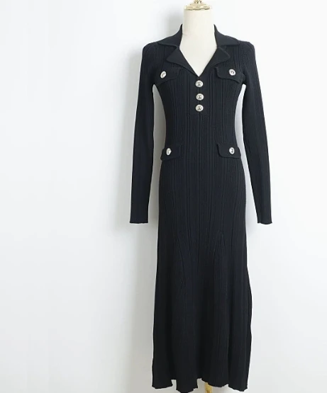 High-end Fashion Hip-wrapped Knitted Dress Spring New Golden Buckle Suit Collar Slim Luxury Elegant Long Fish Tail Dress Women