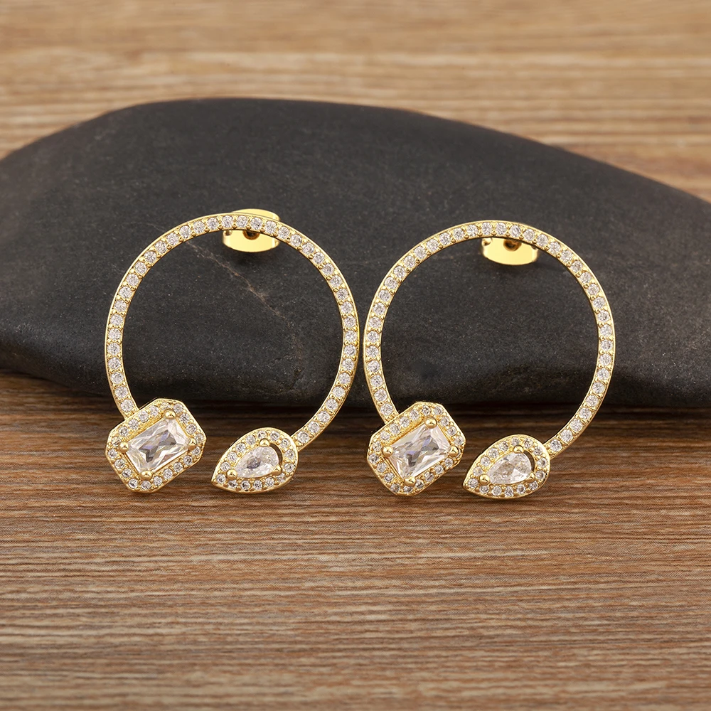 Nidin Hot Sale Elegant Round Inlaid Shiny Crystal Zircon Charm Drop Earrings Female Luxury Ear Jewelry Accessories Wedding Gifts