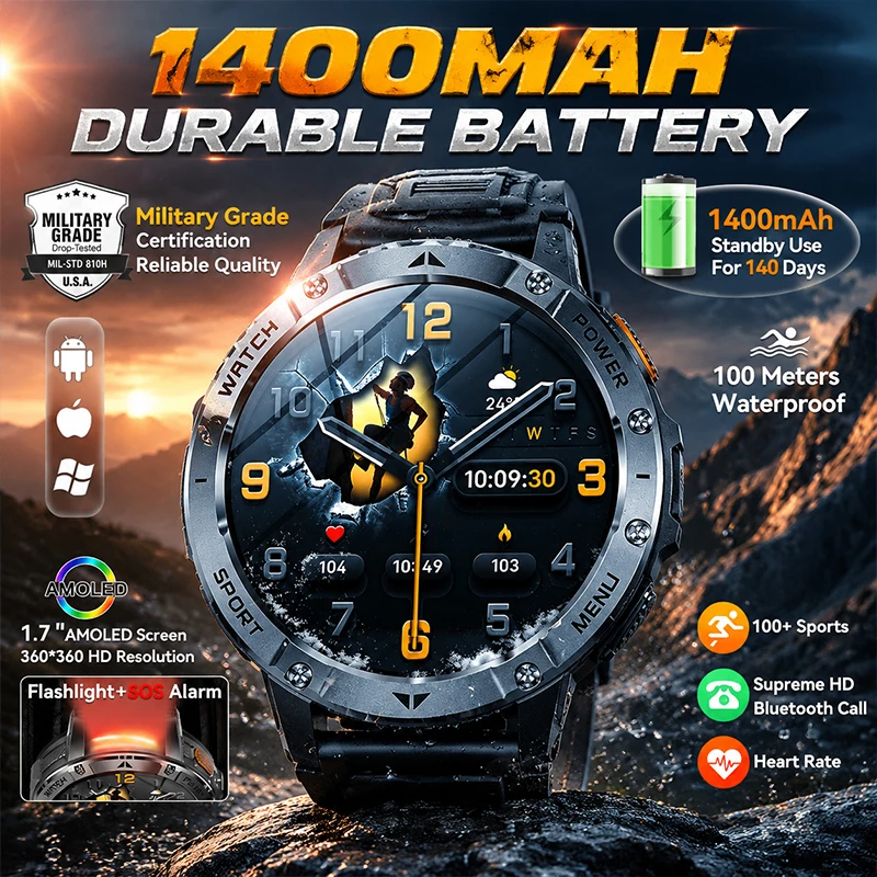 1400mAh Military GPS Tracker Sports Smart Watches For Man LED Flashlight 1.7' AMOLED Screen 10ATM Swim Clock Call Health Watch