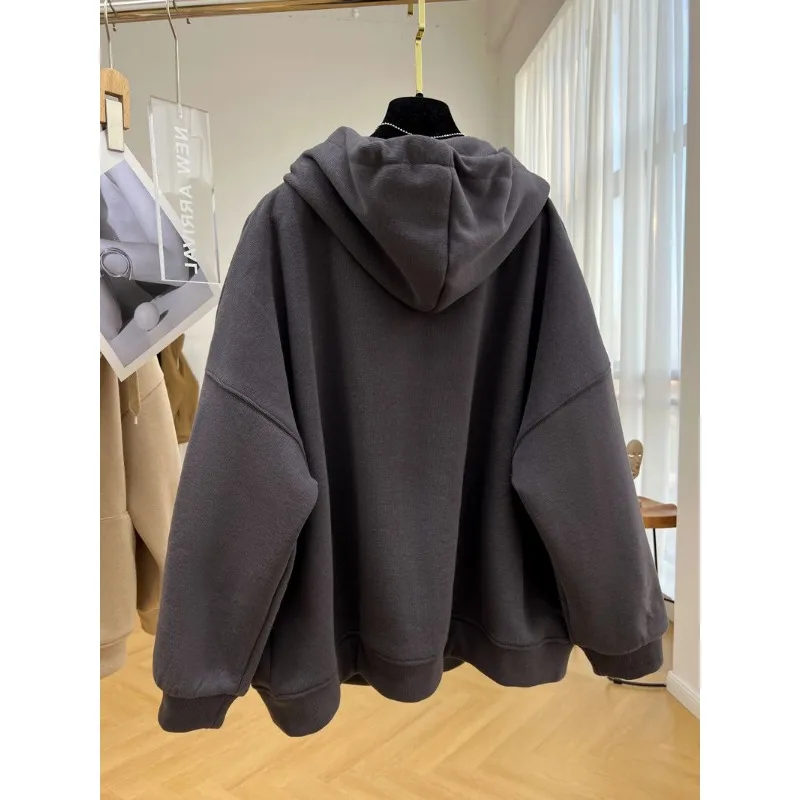 Modisches, einfarbiges, samtverdicktes Kapuzen-Sweatshirt für Damen, Herbst und Winter, fauler Stil, Strickjacke mit Reißverschluss, vielseitige Jacke