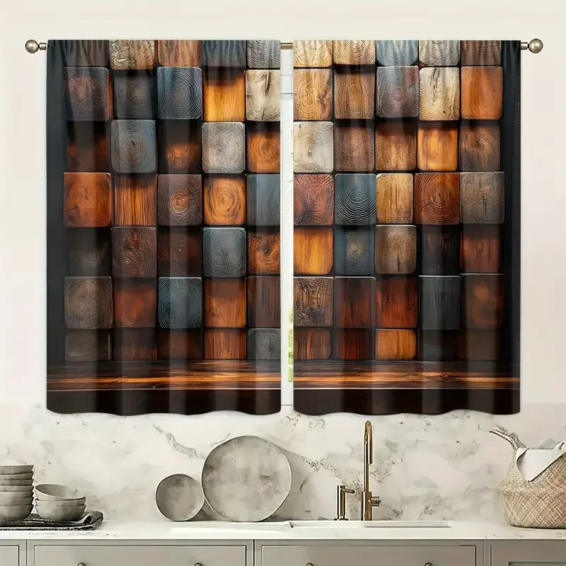 2pcs multi-textured block patchwork printed curtains, pole bag curtains, home decoration, room decoration