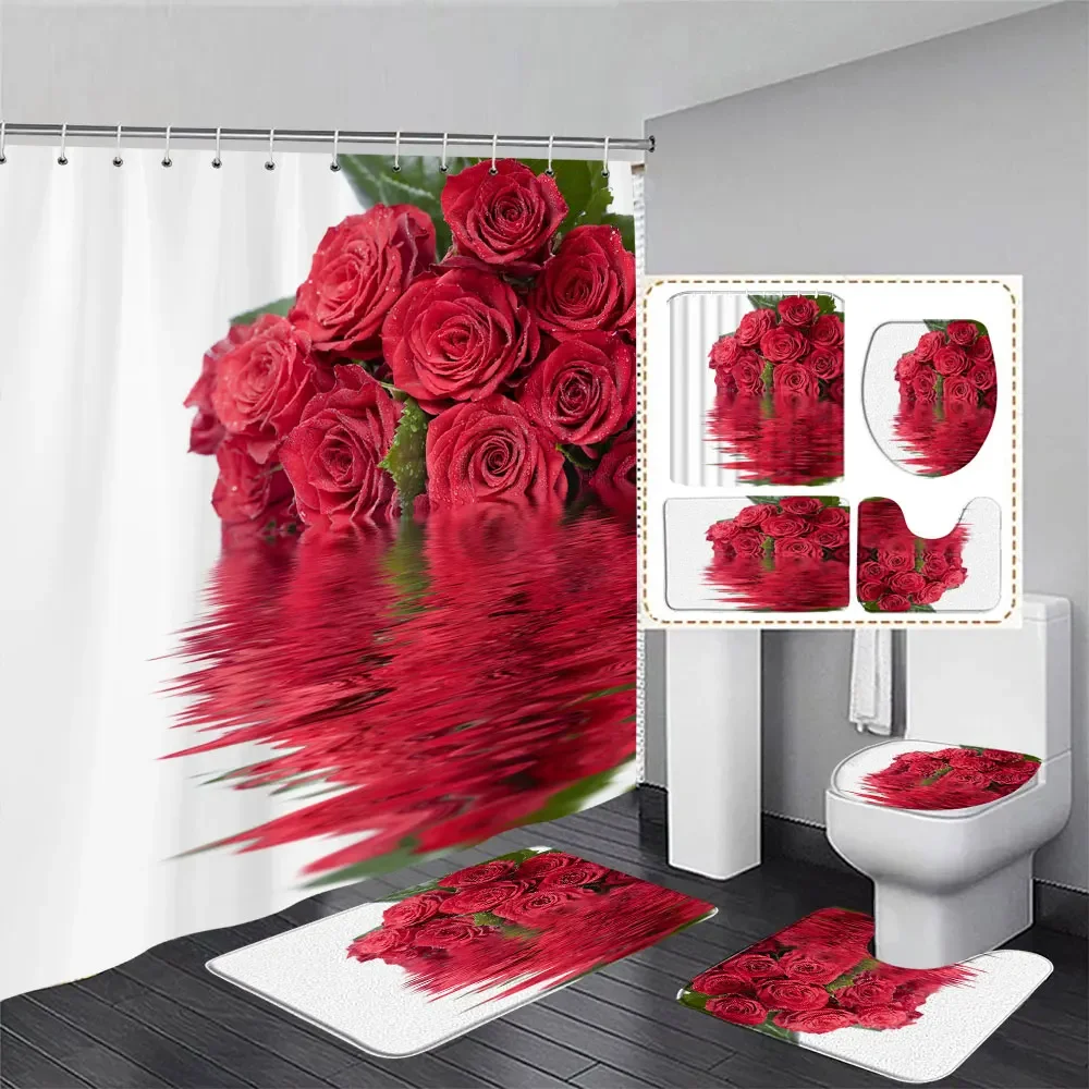 Valentine\'s Day Shower Curtain, Red Rose Perfume Bottle Truck Love Balloon Wooden Plank Romantic Bath Mat, Bathroom Decor Set