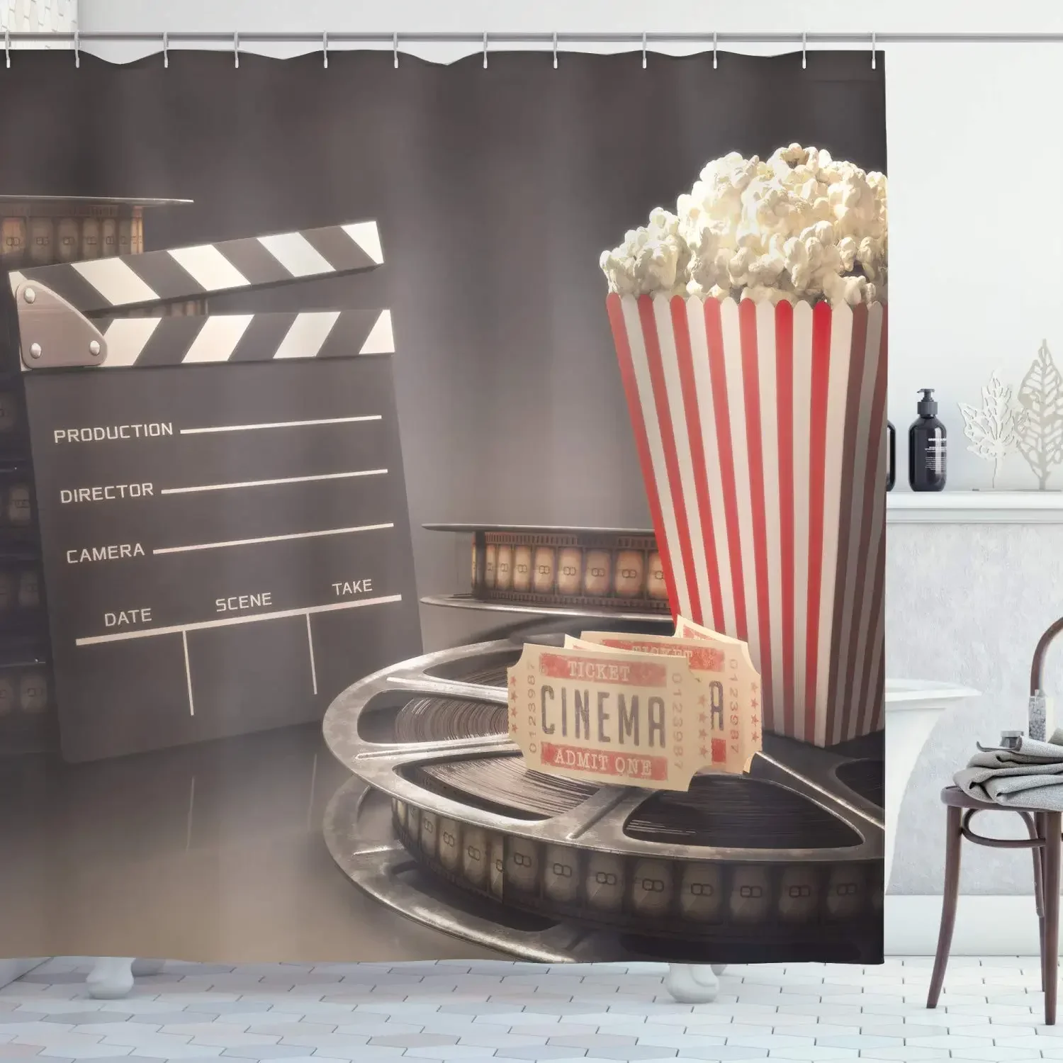 Movie Theater Shower Curtain,Objects of The Film Industry Hollywood Motion Picture Cinematography Concept Bathroom Curtains Sets