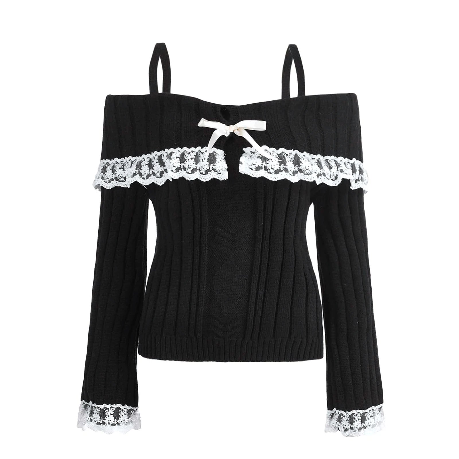 E-Girl 2000s Off-Shoulder Knit Sweaters Women's Fairycore Sweet Lace Hem Long Sleeve Slash Neck Suspender Pullovers Knitwear