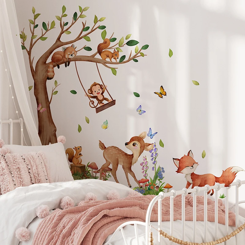 Forest Animals Large Tree Wall Sticker Monkey Fox Deer Kids Room Children Decals Nursery Home Room Décor Poster Mural Wallpaper